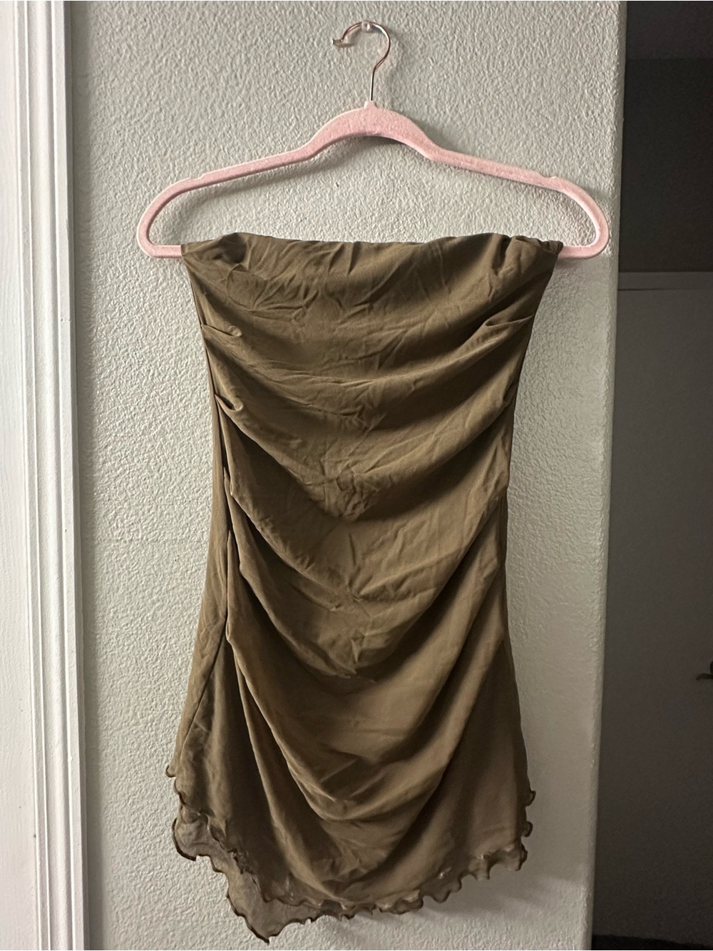 Cider Olive Strapless Ruched Mini Dress